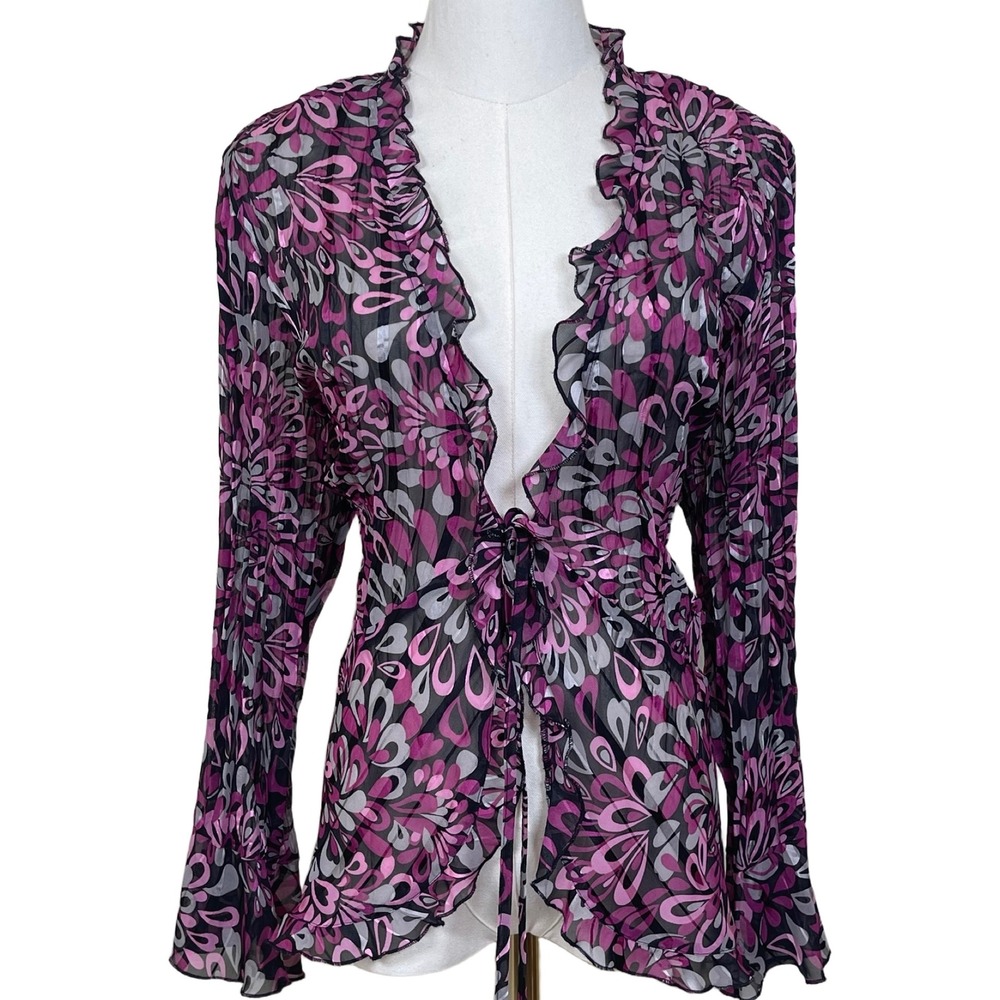 Vintage Studio 1940 Tie Front Ruffle Blouse Women XL Pink Black Floral Sheer Y2K